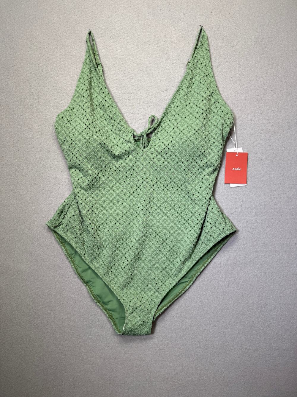Andie Women's Sicily Tie-Neck Pointelle Swimsuit Eucalyptus XLarge $134